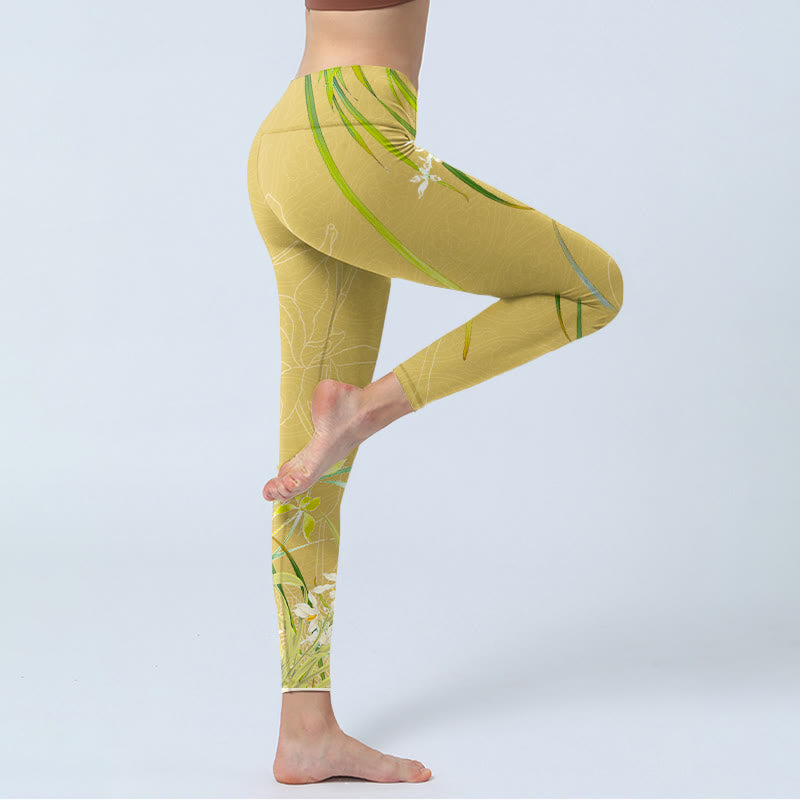 Leggings de sport à imprimé Buddha Stones, fleurs d'orchidées jaunes et feuilles pleureuses, pantalons de yoga pour femmes - image 4