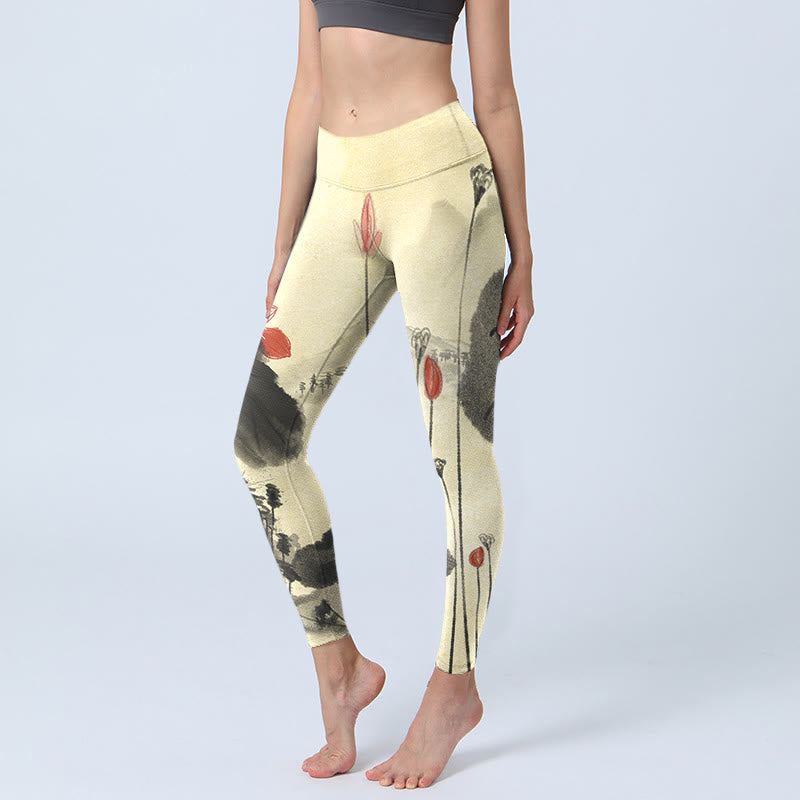 Pantalon de yoga pour femme avec imprimé Buddha Stones Lotus Mountains House Gym Leggings - Verge d'or claireJaune - US18，UK/AU22，EU50 (4XL) - image 1