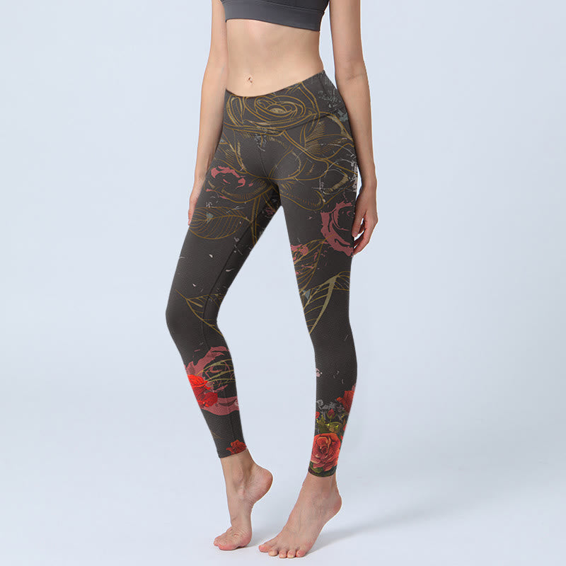 Pantalon de yoga pour femme avec imprimé Buddha Stones et roses rouges - Noir - US18，UK/AU22，EU50 (4XL) - image 1