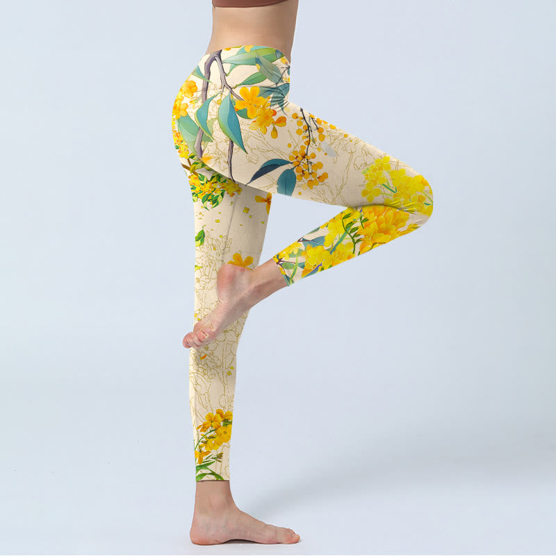 Leggings de sport à imprimé colza jaune Osmanthus Fragrans Buddha Stones Pantalon de yoga pour femme - image 3