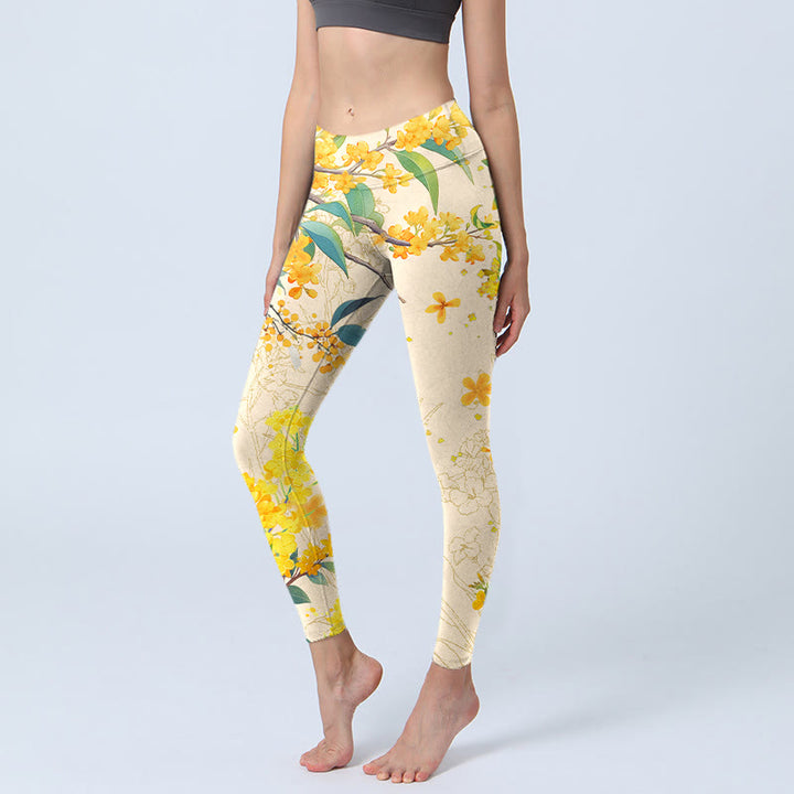 Leggings de sport à imprimé colza jaune Osmanthus Fragrans Buddha Stones Pantalon de yoga pour femme - Chiffon au citron - US18，UK/AU22，EU50 (4XL) - image 1