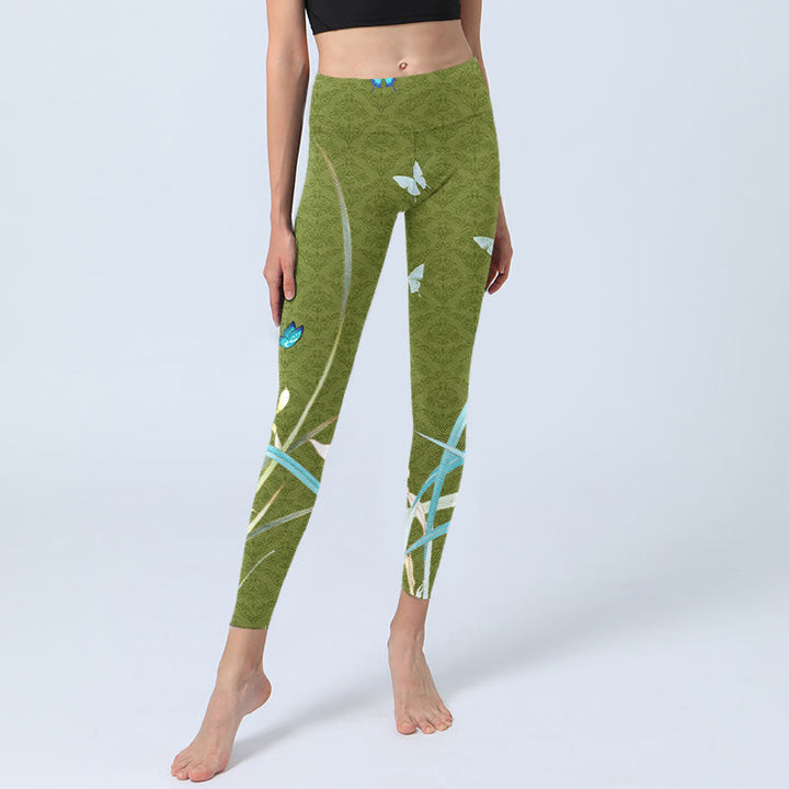 Leggings de sport à imprimé papillon et orchidées vertes Buddha Stones Pantalon de yoga pour femme - image 6