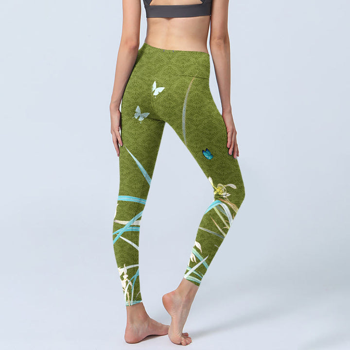 Leggings de sport à imprimé papillon et orchidées vertes Buddha Stones Pantalon de yoga pour femme - image 5