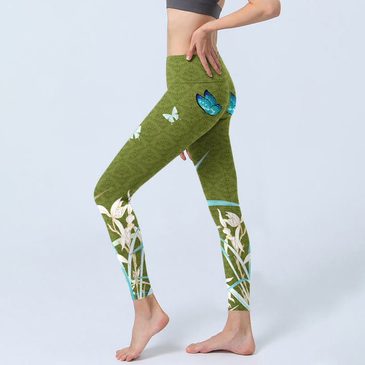Leggings de sport à imprimé papillon et orchidées vertes Buddha Stones Pantalon de yoga pour femme - image 3