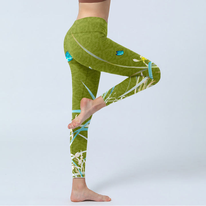 Leggings de sport à imprimé papillon et orchidées vertes Buddha Stones Pantalon de yoga pour femme - image 4