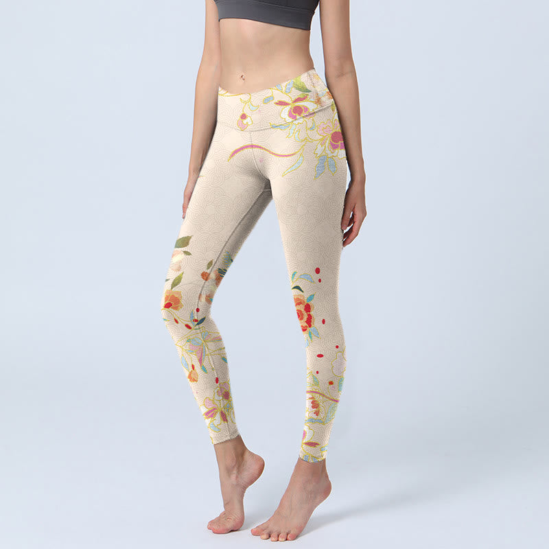 Leggings de sport à imprimé feuilles et papillons abricot Buddha Stones Pantalon de yoga pour femme - FloralWhite - US18，UK/AU22，EU50 (4XL) - image 0