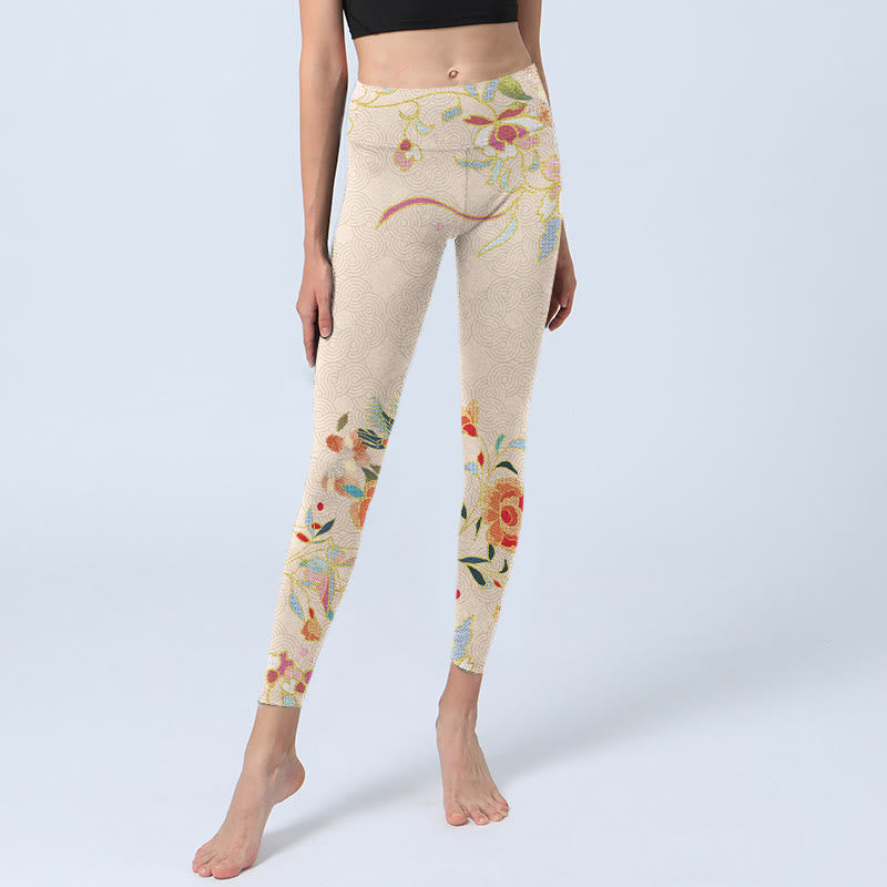 Leggings de sport à imprimé feuilles et papillons abricot Buddha Stones Pantalon de yoga pour femme - image 5