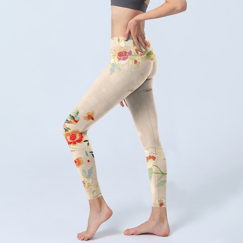 Leggings de sport à imprimé feuilles et papillons abricot Buddha Stones Pantalon de yoga pour femme - image 2