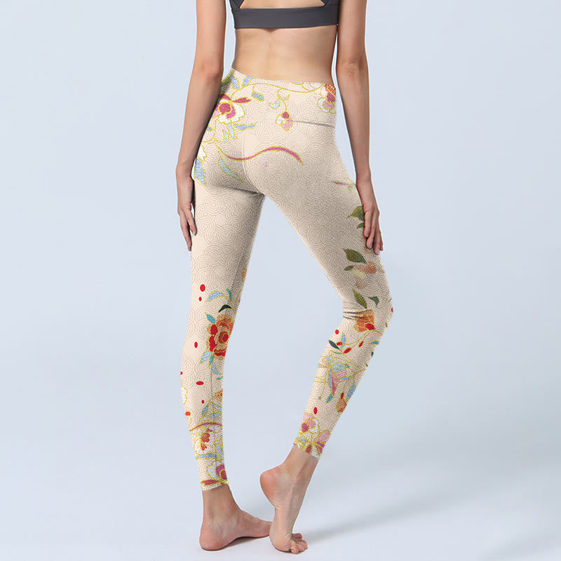 Leggings de sport à imprimé feuilles et papillons abricot Buddha Stones Pantalon de yoga pour femme - image 4