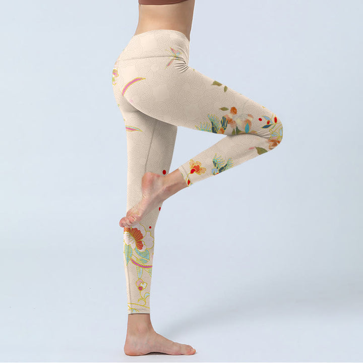 Leggings de sport à imprimé feuilles et papillons abricot Buddha Stones Pantalon de yoga pour femme - image 4