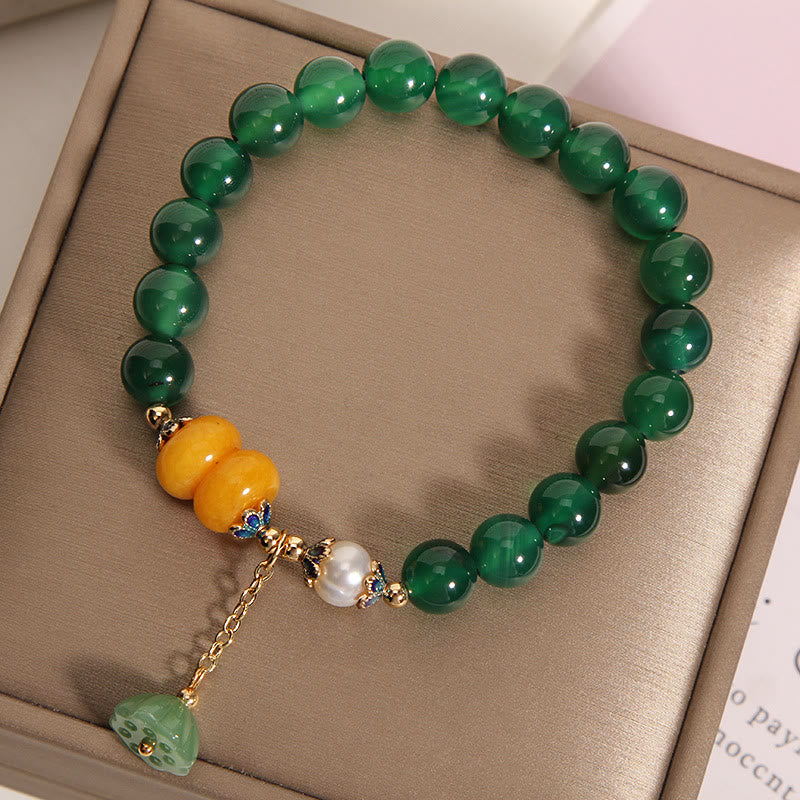 Bracelet de soutien pour gousses de lotus en agate verte et ambre avec Buddha Stones