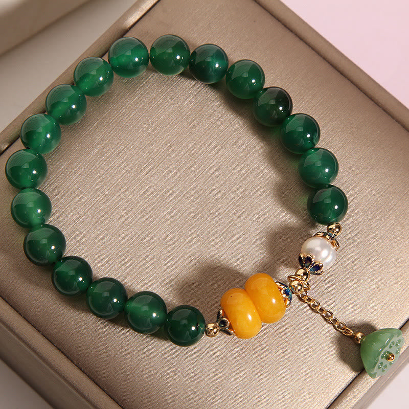 Bracelet de soutien pour gousses de lotus en agate verte et ambre avec Buddha Stones