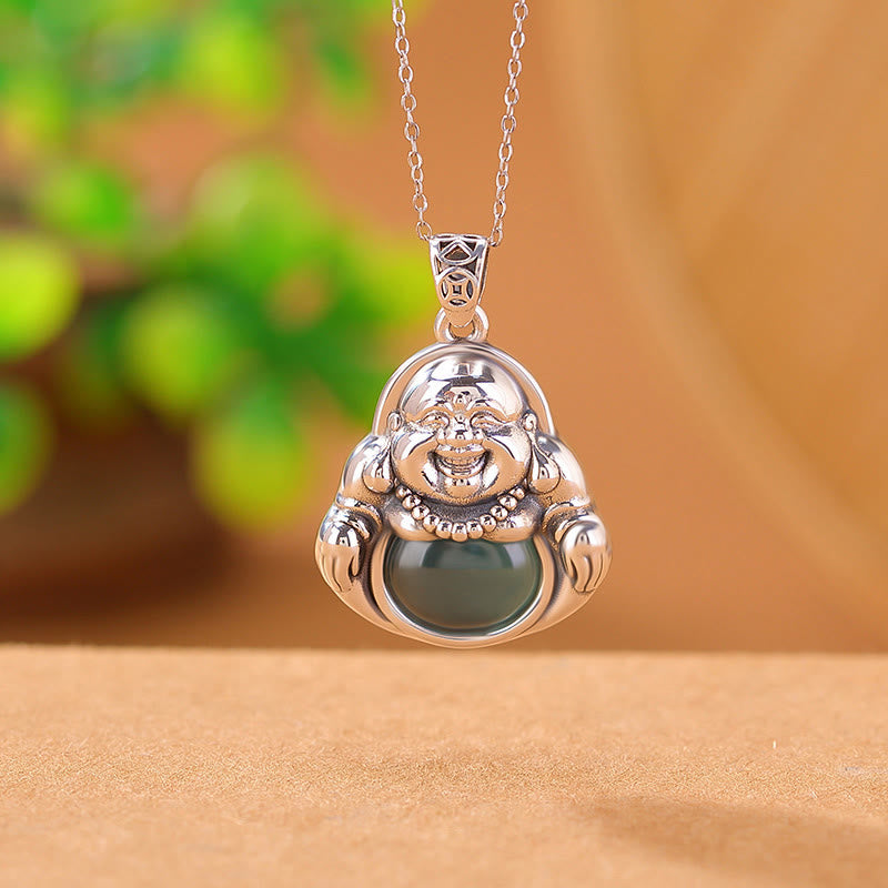 Buddha Stones avec pendentif en argent sterling 999 Bouddha rieur en jade cyan Lotus Success - image 1