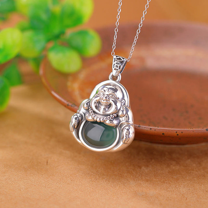 Buddha Stones avec pendentif en argent sterling 999 Bouddha rieur en jade cyan Lotus Success - Cyan Jade (Succès ♥ Guérison) - image 1