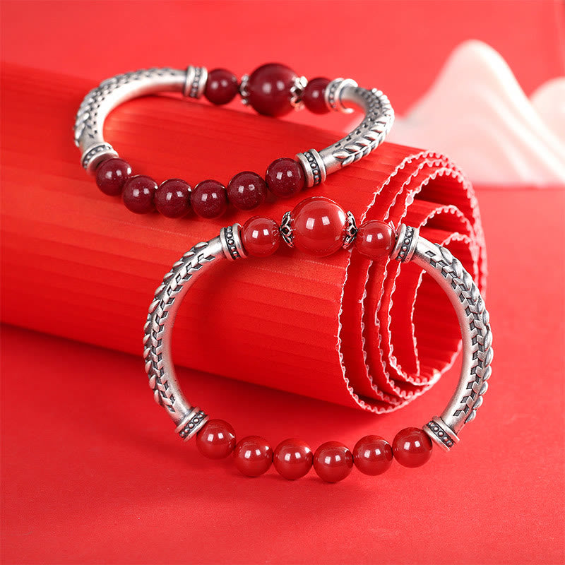 Bracelet de bénédiction en argent sterling 999 avec épis de blé cinabre de Buddha Stones