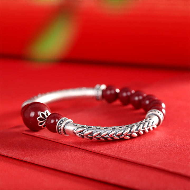 Bracelet de bénédiction en argent sterling 999 avec épis de blé cinabre de Buddha Stones