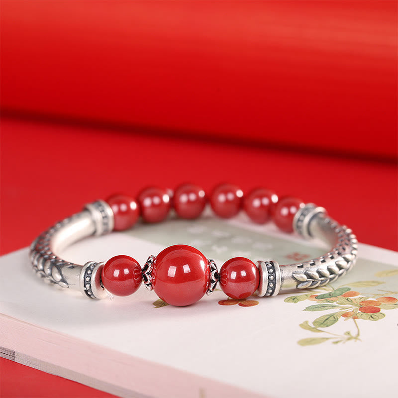 Bracelet de bénédiction en argent sterling 999 avec épis de blé cinabre de Buddha Stones - Cinabre rouge (tour de poignet : 14-16 cm) - image 0