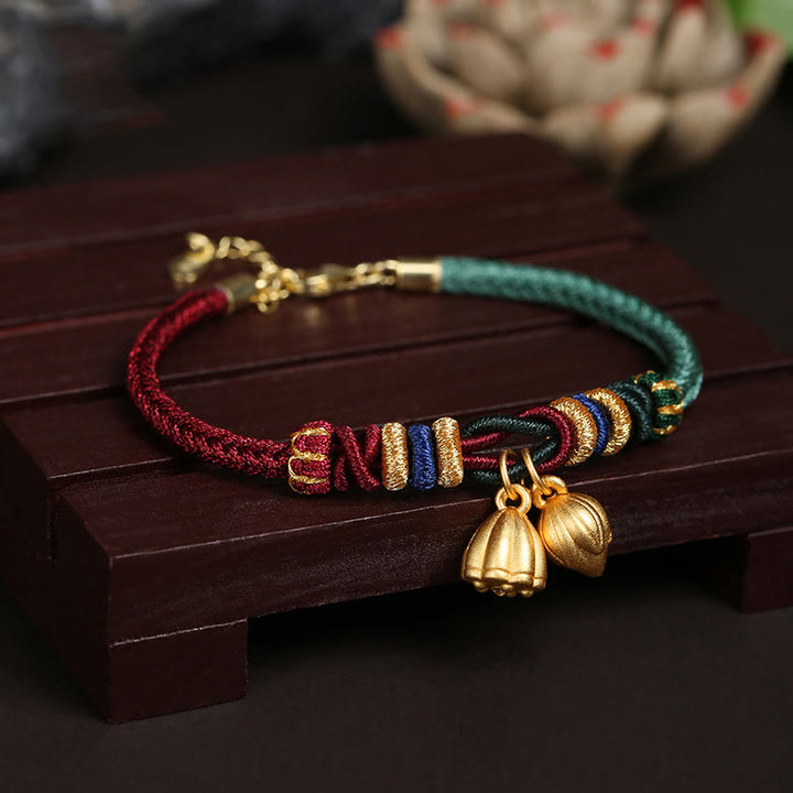 Bracelet porte-bonheur en argent sterling 999 avec motif de gousse de lotus et pierres de Buddha Stones , rouge et vert