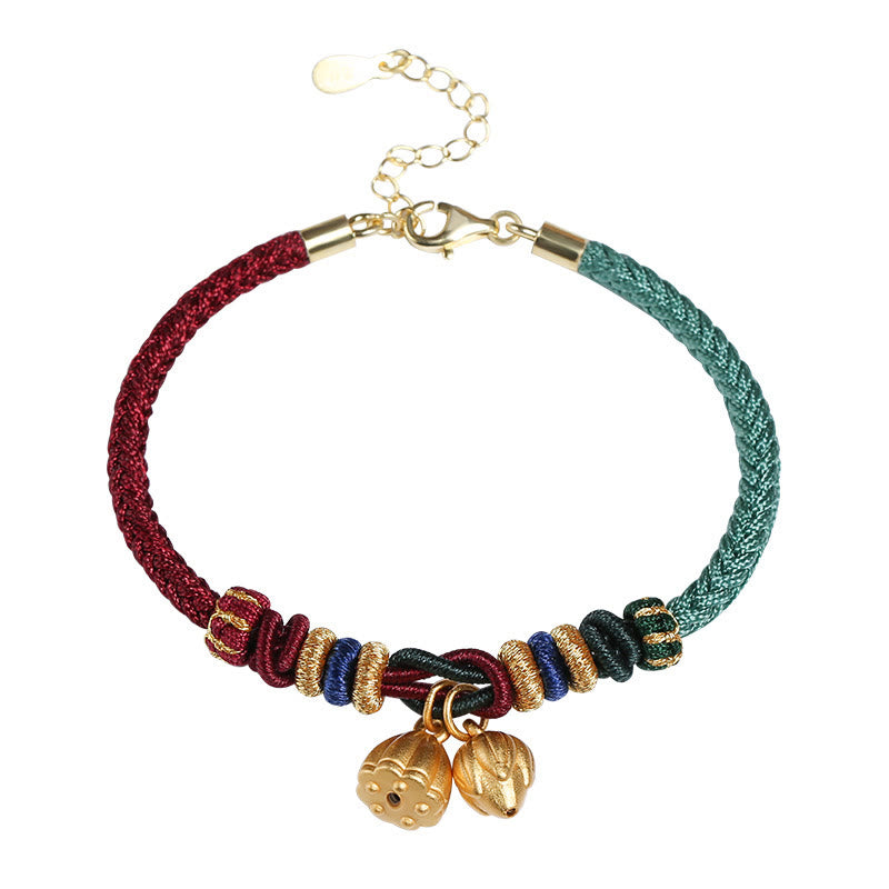 Bracelet porte-bonheur en argent sterling 999 avec motif de gousse de lotus et pierres de Buddha Stones , rouge et vert
