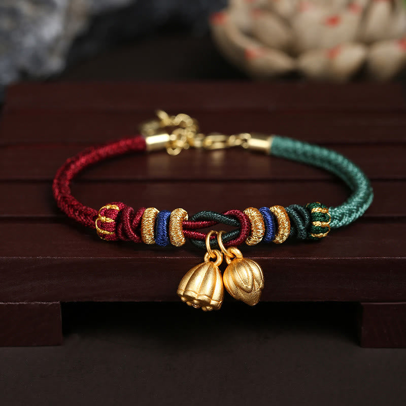 Bracelet porte-bonheur en argent sterling 999 avec motif de gousse de lotus et pierres de Buddha Stones , rouge et vert