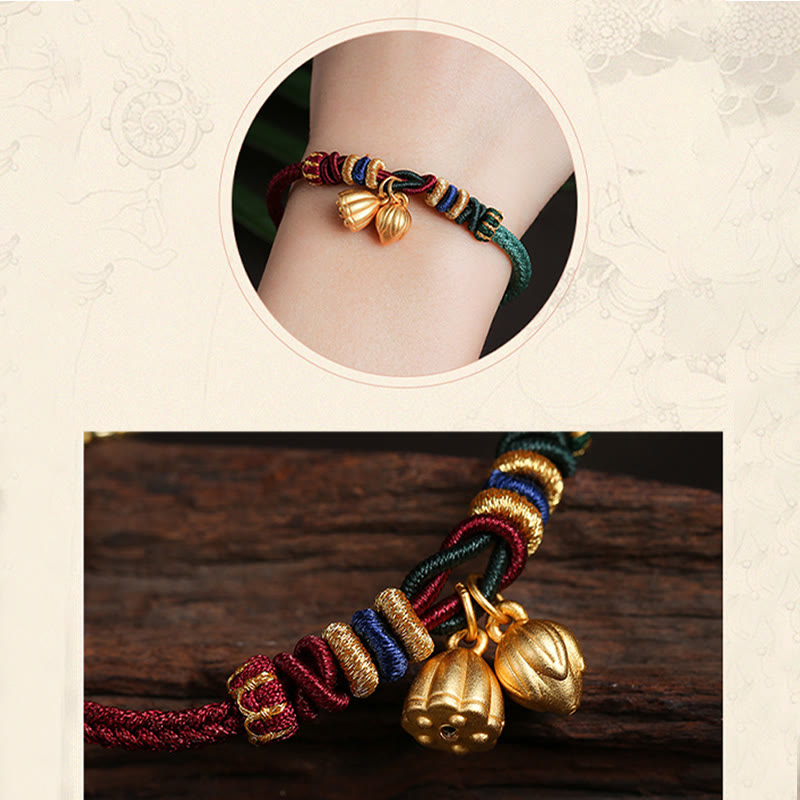 Bracelet porte-bonheur en argent sterling 999 avec motif de gousse de lotus et pierres de Buddha Stones , rouge et vert