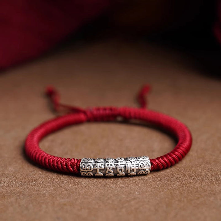 Bracelet en corde porte-bonheur Om Mani Padme Hum en argent sterling 999 fait à la main avec Buddha Stones - Rouge foncé (tour de poignet 14-20 cm) - Paix et bonne fortune - image 0