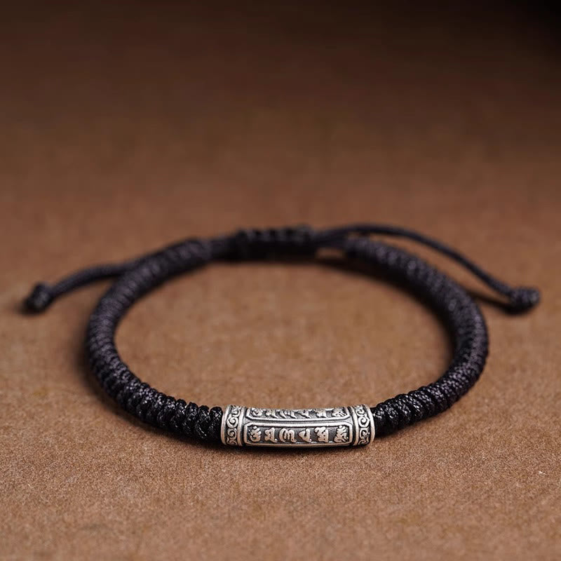 Bracelet en corde porte-bonheur Om Mani Padme Hum en argent sterling 999 fait à la main avec Buddha Stones - Noir (Tour de poignet 14-20 cm) - Om Mani Padme Hum - image 19