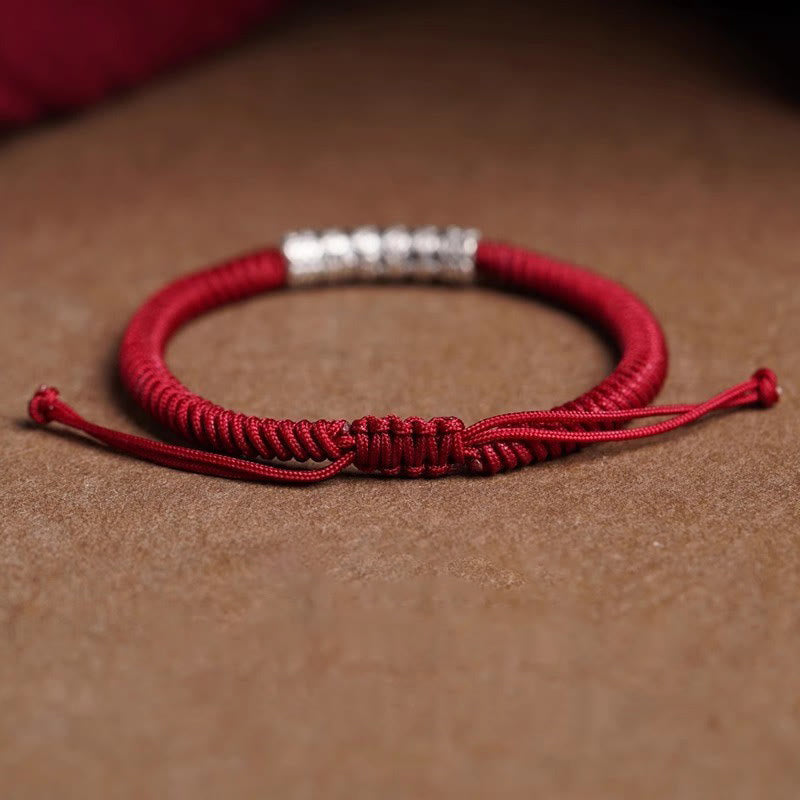 Bracelet en corde porte-bonheur Om Mani Padme Hum en argent sterling 999 fait à la main avec Buddha Stones