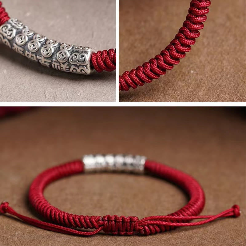 Bracelet en corde porte-bonheur Om Mani Padme Hum en argent sterling 999 fait à la main avec Buddha Stones