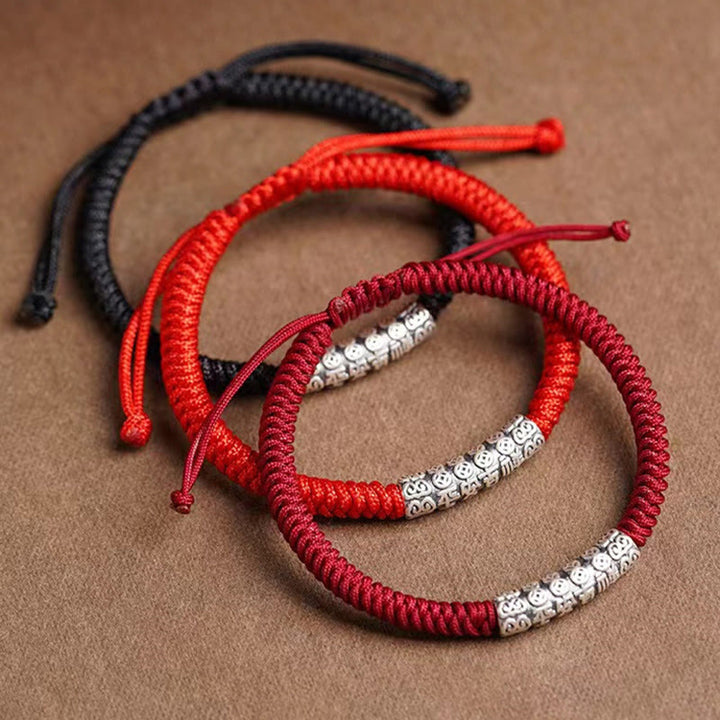 Bracelet en corde porte-bonheur Om Mani Padme Hum en argent sterling 999 fait à la main avec Buddha Stones