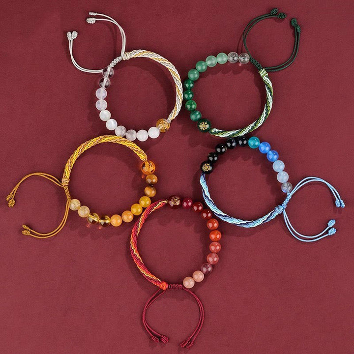 Bracelet tressé en Buddha Stones, cinq éléments, divers cristaux, agate, richesse, réincarnation