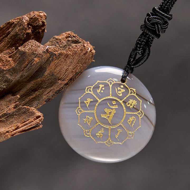 Collier pendentif en obsidienne noire avec Buddha Stones Om Mani Padme Hum et cristaux naturels divers