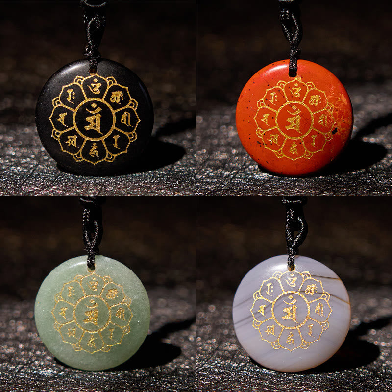 Collier pendentif en obsidienne noire avec Buddha Stones Om Mani Padme Hum et cristaux naturels divers