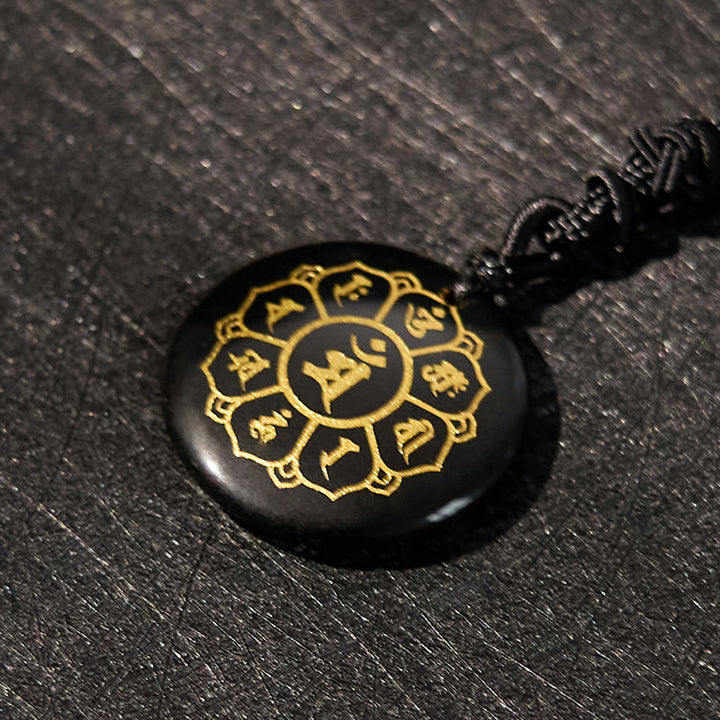 Collier pendentif en obsidienne noire avec Buddha Stones Om Mani Padme Hum et cristaux naturels divers