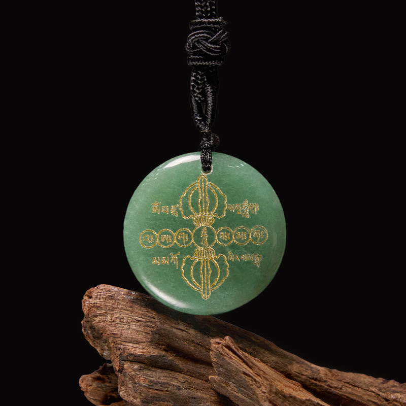 Collier pendentif en obsidienne noire avec Buddha Stones Vajra Dorje à motif sanskrit naturel et divers cristaux