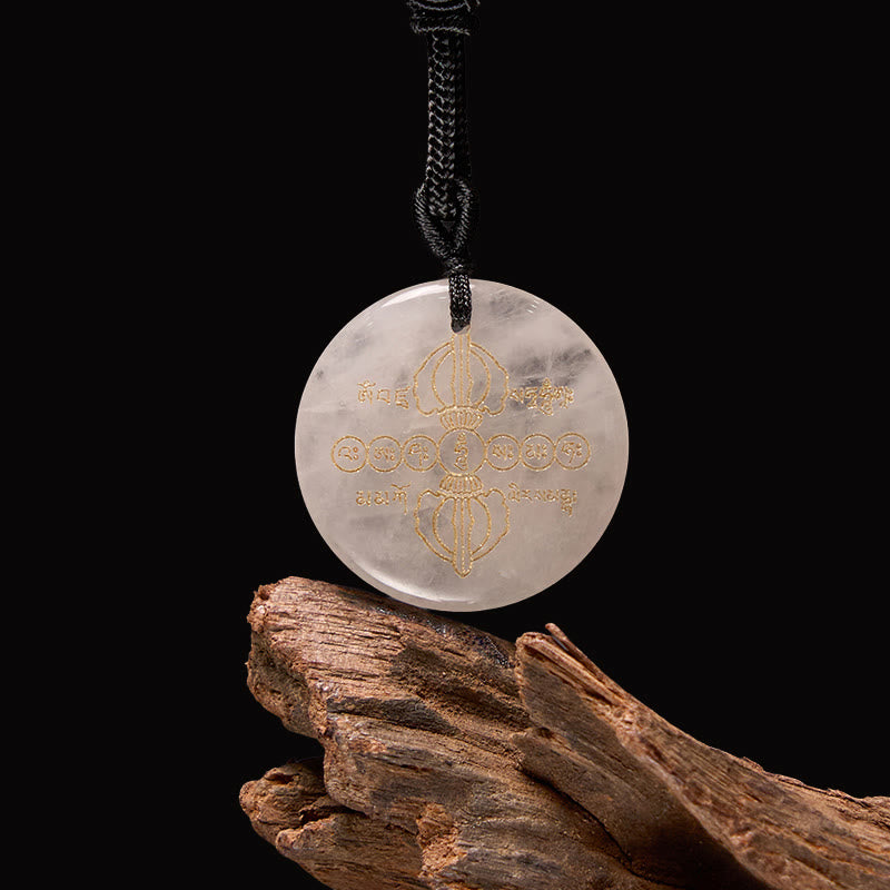 Collier pendentif en obsidienne noire avec Buddha Stones Vajra Dorje à motif sanskrit naturel et divers cristaux