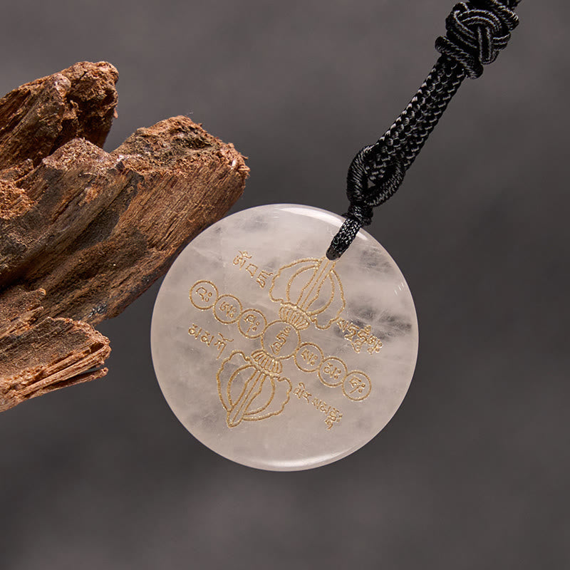 Collier pendentif en obsidienne noire avec Buddha Stones Vajra Dorje à motif sanskrit naturel et divers cristaux