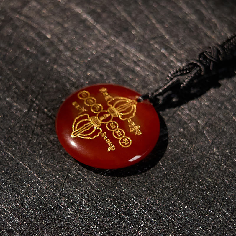 Collier pendentif en obsidienne noire avec Buddha Stones Vajra Dorje à motif sanskrit naturel et divers cristaux