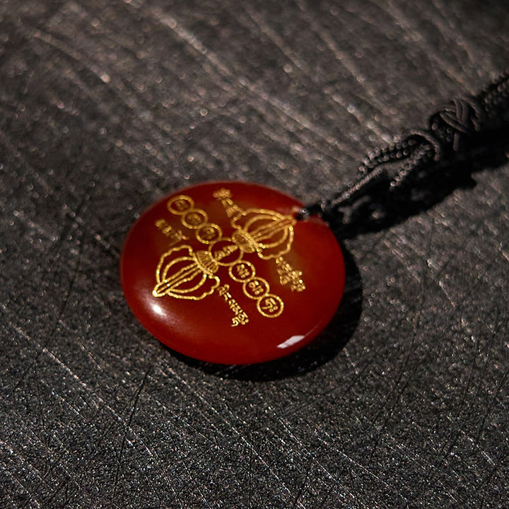 Collier pendentif en obsidienne noire avec Buddha Stones Vajra Dorje à motif sanskrit naturel et divers cristaux