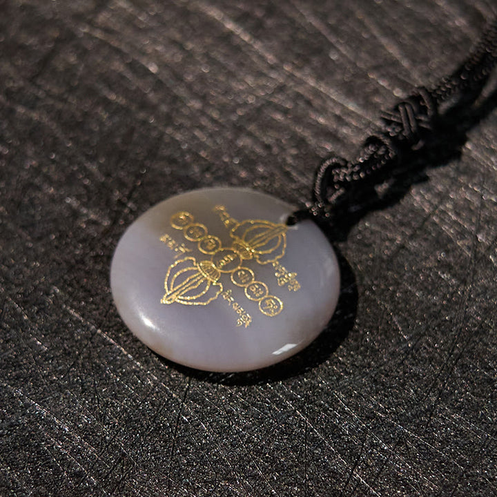Collier pendentif en obsidienne noire avec Buddha Stones Vajra Dorje à motif sanskrit naturel et divers cristaux