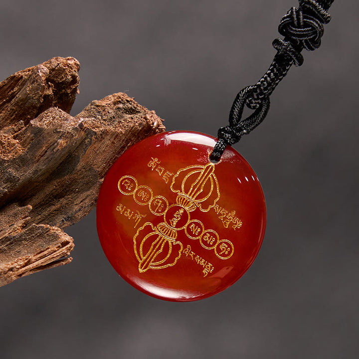 Collier pendentif en obsidienne noire avec Buddha Stones Vajra Dorje à motif sanskrit naturel et divers cristaux