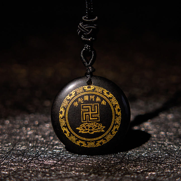 Collier pendentif de purification en obsidienne noire avec Buddha Stones et motif de lotus svastika naturel et divers cristaux
