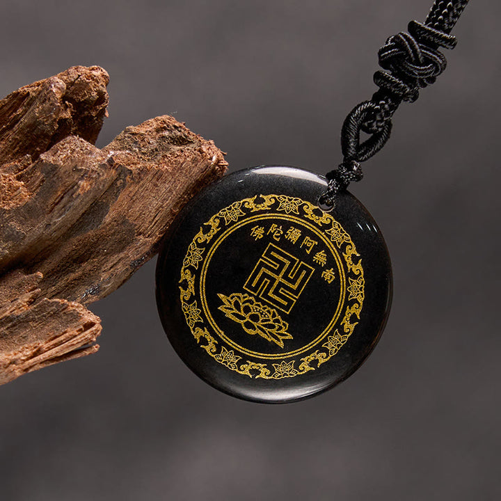 Collier pendentif de purification en obsidienne noire avec Buddha Stones et motif de lotus svastika naturel et divers cristaux