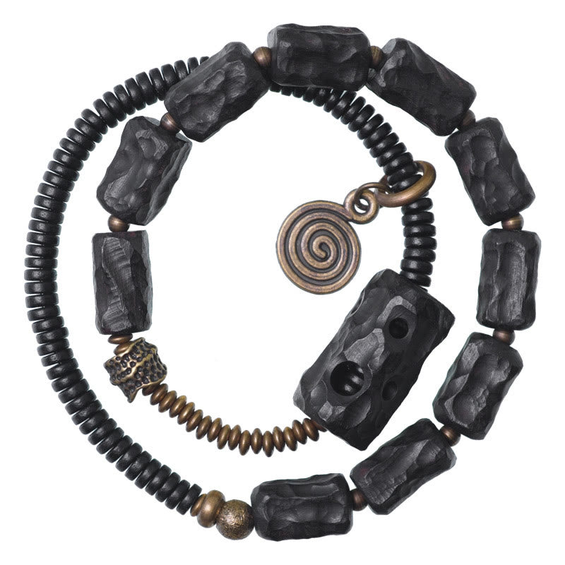 Bracelet double tour en Buddha Stones, bois d'ébène, cuivre, laiton, agate rouge, paix