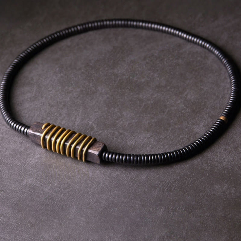 Bracelet et collier à double tour en forme de cuboïde avec boule d'équilibre en bois d'ébène et cuivre et Buddha Stones