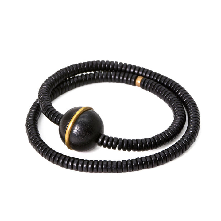 Bracelet et collier à double tour en forme de cuboïde avec boule d'équilibre en bois d'ébène et cuivre et Buddha Stones