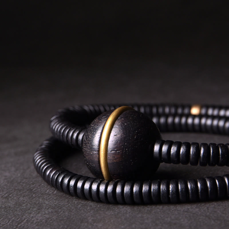 Bracelet et collier à double tour en forme de cuboïde avec boule d'équilibre en bois d'ébène et cuivre et Buddha Stones