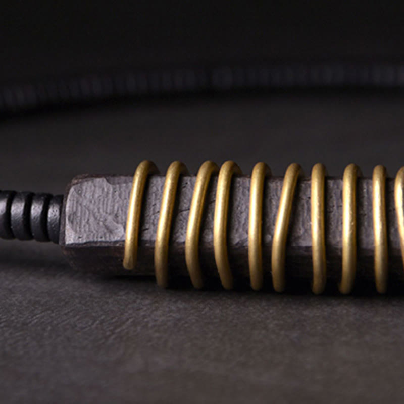 Bracelet et collier à double tour en forme de cuboïde avec boule d'équilibre en bois d'ébène et cuivre et Buddha Stones