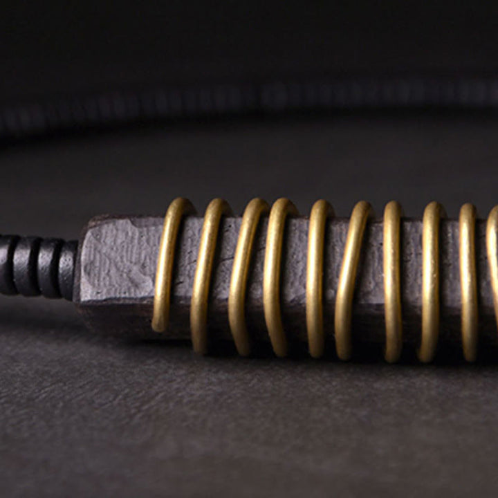 Bracelet et collier à double tour en forme de cuboïde avec boule d'équilibre en bois d'ébène et cuivre et Buddha Stones