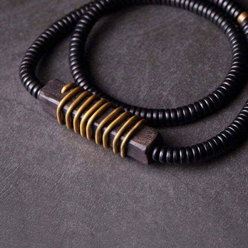 Bracelet et collier à double tour en forme de cuboïde avec boule d'équilibre en bois d'ébène et cuivre et Buddha Stones